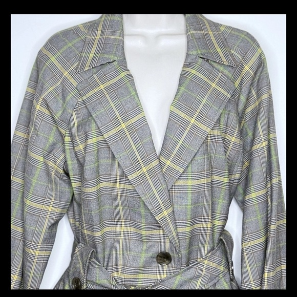 Vintage Kasper Women’s Plaid Pea Coat 16 Gray Yellow Green Belted Long Sleeves - Picture 2 of 11